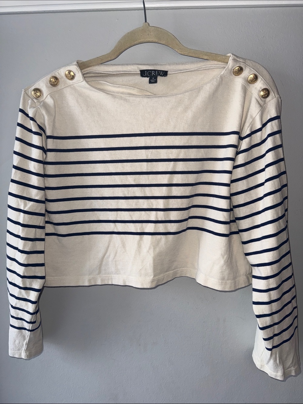 J. Crew Cropped Boatneck Shirt With Shoulder Buttons Mariner Cotton